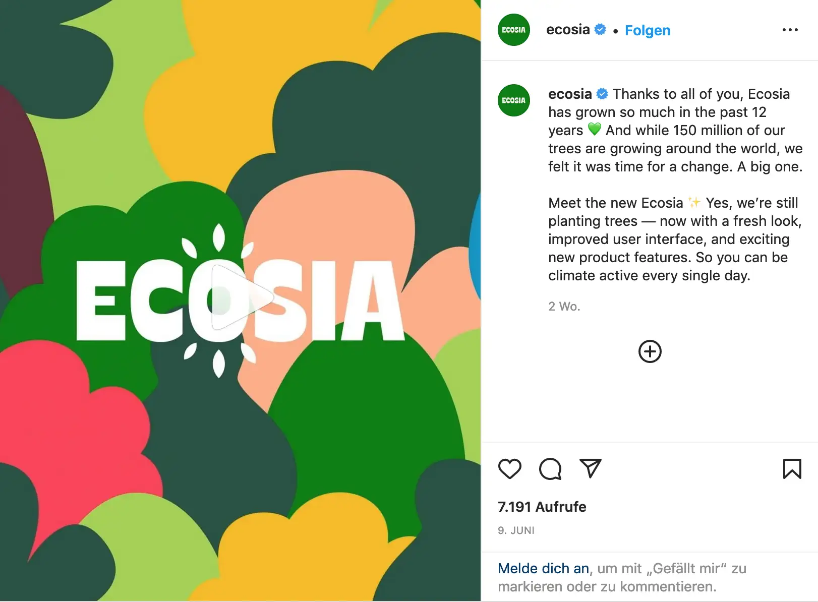 Ecosia Bekanntmachung des neuen Logos auf Instagram (Wenn dieses Bild nicht angezeigt wird, ist ihr Browser veraltet)