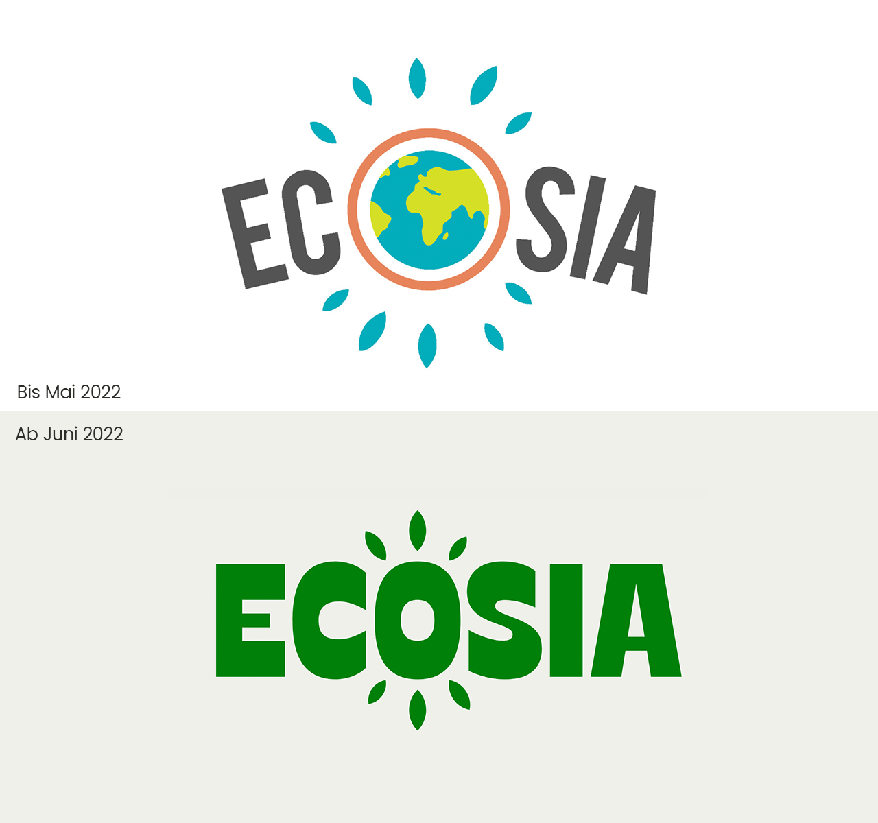Ecosia Suchmaschine: altes Logo und Logo nach dem Rebranding