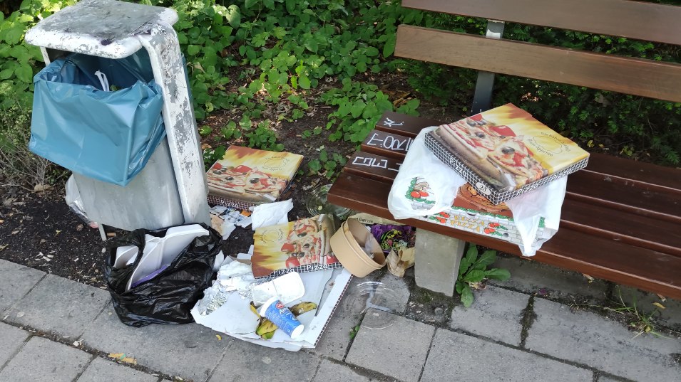 Mit Müll überquellende Abfallbehälter im Nordpark Bielefeld