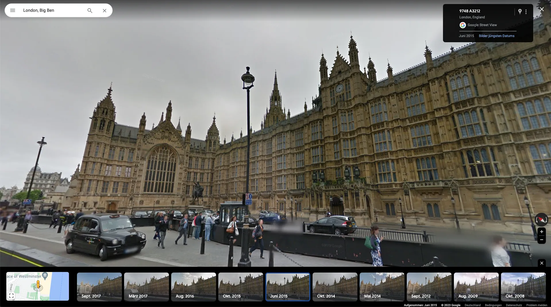 Google Streetview Aufnahme des Westminster Palace, London 2015