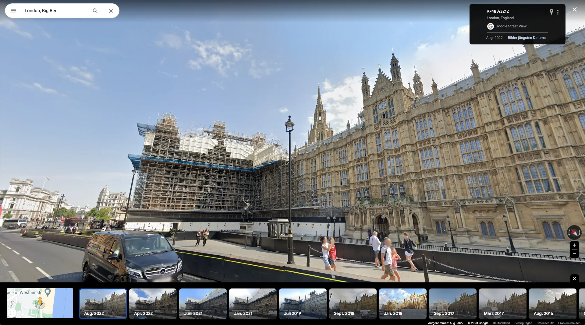 Google Streetview Aufnahme des Westminster Palace, London 2023