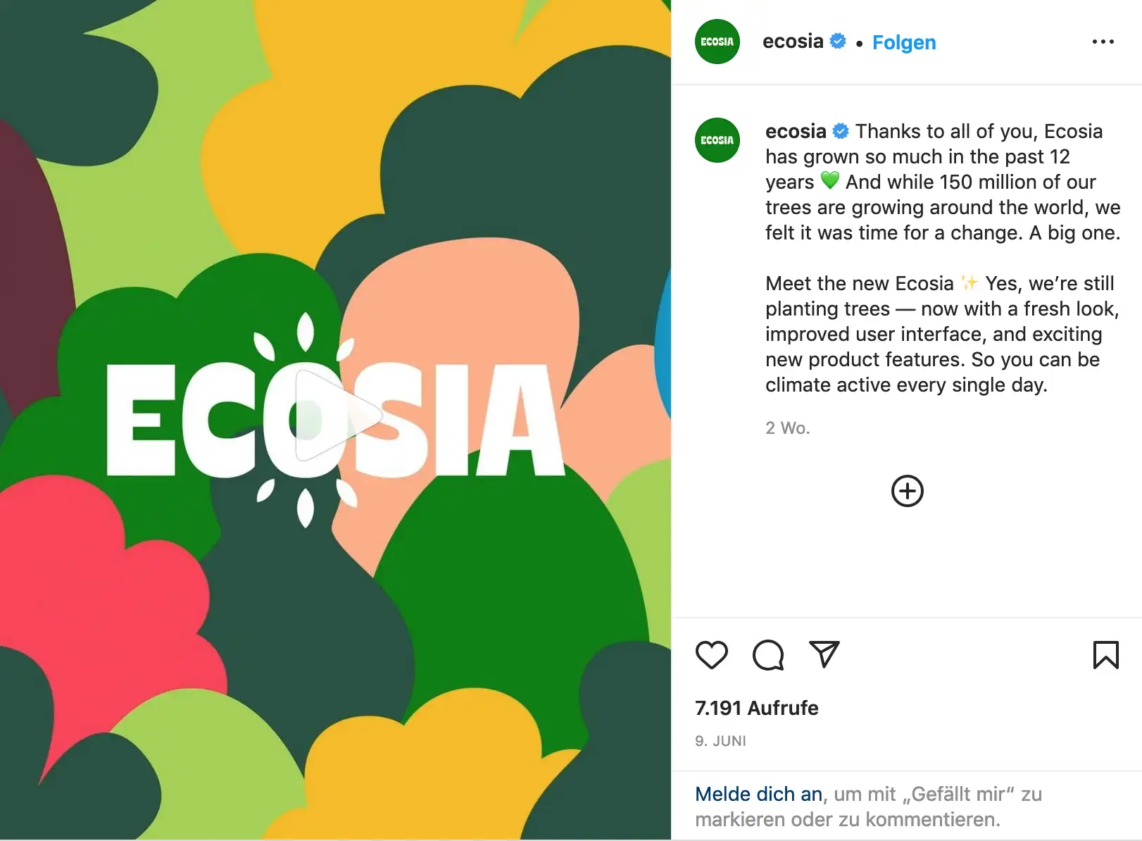 Ecosia Bekanntmachung auf Instagram