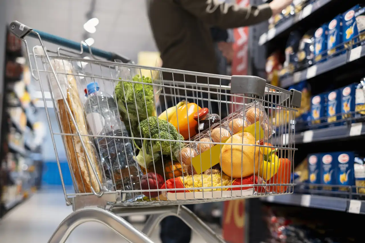 Einkaufswagen im Supermarkt zum Thema: Die größten Supermarktketten Deutschlands.